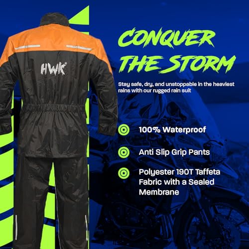 HWK Motorcycle Rain Suit for Men and Women, Two-Piece Waterproof Motorcycle Rain Gear with Reflective Jacket and Pants, All-Season Weatherproof Protection for Riding, Orange, Large - Image 2