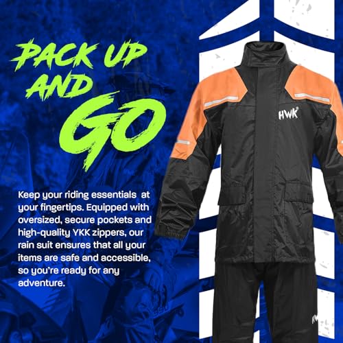 HWK Motorcycle Rain Suit for Men and Women, Two-Piece Waterproof Motorcycle Rain Gear with Reflective Jacket and Pants, All-Season Weatherproof Protection for Riding, Orange, Large - Image 5