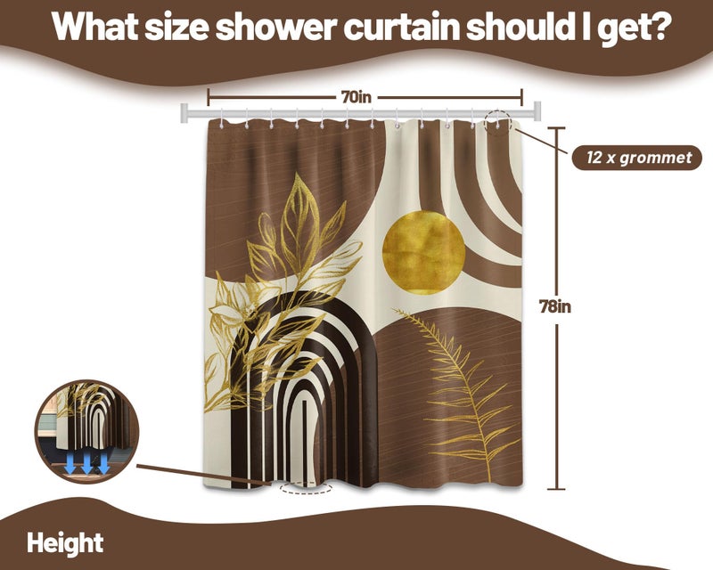Qghot Boho Mid Century Startain Modern Duster Startains Black and Brown Sertains for Bathroom Decore Beige و Dark Tan Gold Leaves Abstract MCM Bath Curtain مجموعة نسيج مقاوم للماء 70 "W × 78" L. - Image 4