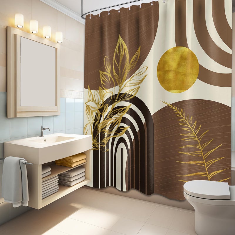 Qghot Boho Mid Century Startain Modern Duster Startains Black and Brown Sertains for Bathroom Decore Beige و Dark Tan Gold Leaves Abstract MCM Bath Curtain مجموعة نسيج مقاوم للماء 70 "W × 78" L. - Image 3
