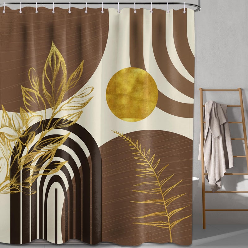 Qghot Boho Mid Century Startain Modern Duster Startains Black and Brown Sertains for Bathroom Decore Beige و Dark Tan Gold Leaves Abstract MCM Bath Curtain مجموعة نسيج مقاوم للماء 70 "W × 78" L. - Image 1