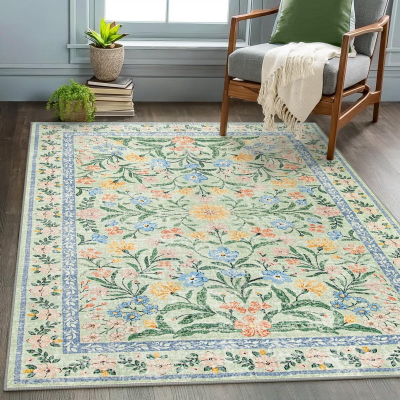 Wonnitar Machine Washable 5x7 Area Rug Boho Floral Rugs for Living Room NonSlip Soft Pink and Green Flower UltraThin Non Shedding Carpet for Bedroom Dining Room Nursery