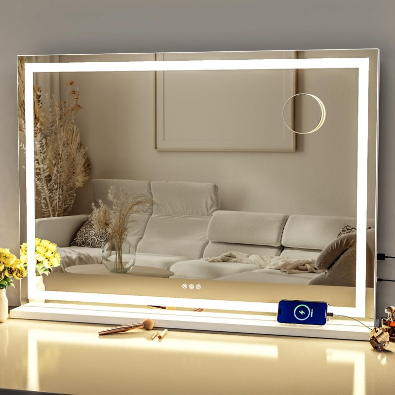 Gvnkvn Makeup Vanity Mirror with Lights 32 x 24 Large LED Makeup Mirror Light up Mirror with 10X Magnification and USB Charging Port Dimmable 3 Modes Touch Screen Control Square Corner