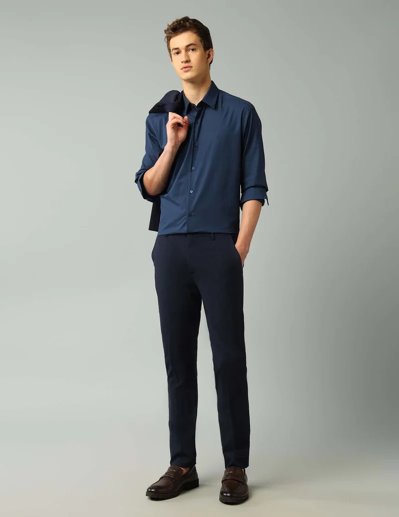Arrow Navy Solid Slim Fit Trousers for Men | Best Price UAE