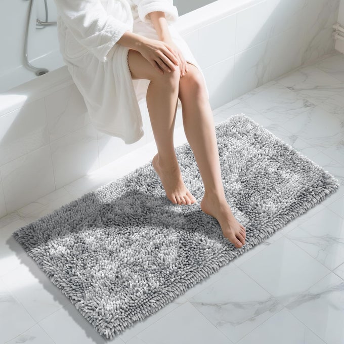 LONG BATHROOM RUG NON SLIP 44X24 INCH EXTRA THICK SOFT ABSORBENT CHENILLE BATH MAT MACHINE WASHABLE BATH RUGS FOR BATHROOM FLOOR TUB AND SHOWER HOME DECOR ACCESSORIES LIGHT GREY