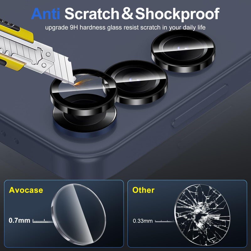 Avocase for Samsung Galaxy S25 Camera Lens Protector, Individual Metal Ring Tempered Glass Lens Cover, [Strong Adsorption] Scratch Resistant Ultra-Thin HD Clear Lens Cover, 1 Set-Black Ring - Image 3