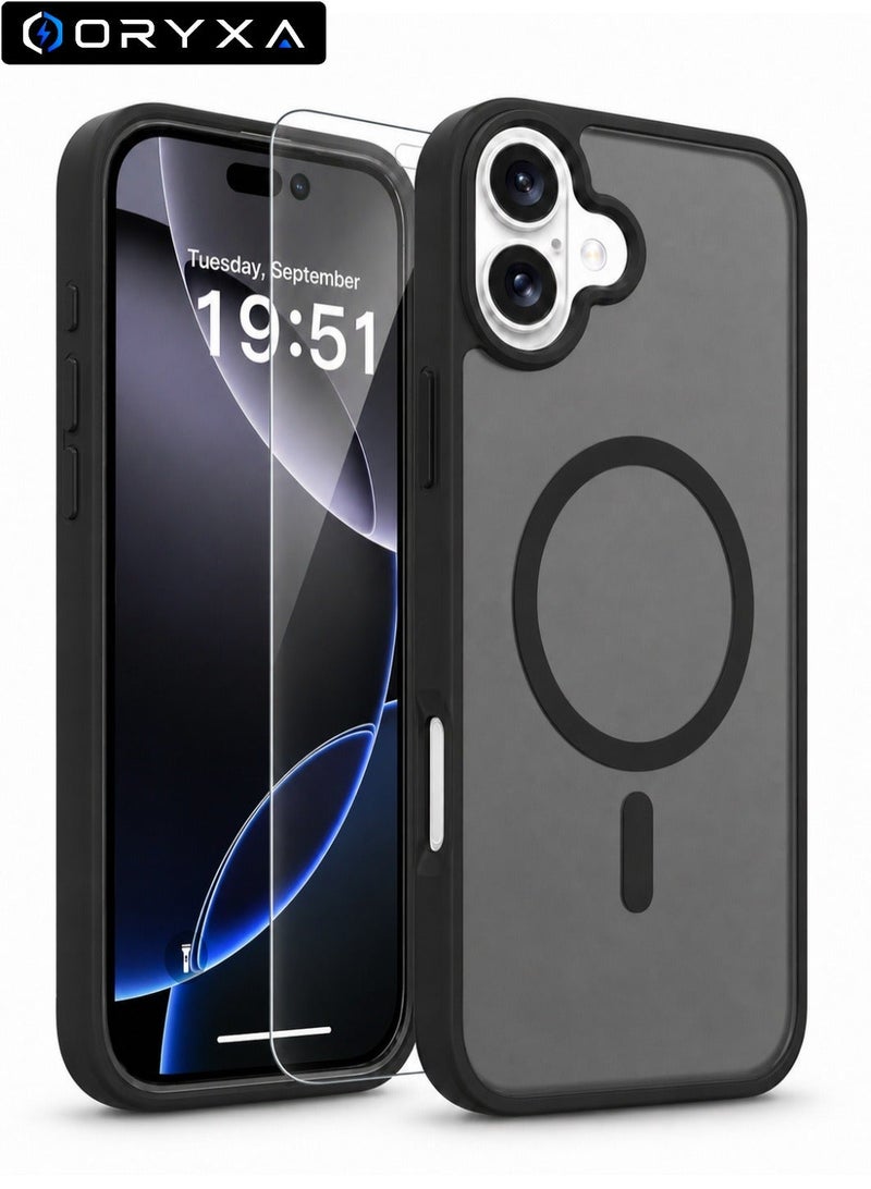 ORYXA iPhone 16 Plus Case, 2 IN 1 Magnetic Phone Cover + Screen Protector, For iPhone 16 Plus, Compatible with MagSafe, Translucent Matte Shockproof Cover, Slim Full Protection, Black - Image 1