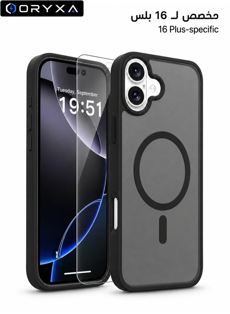 ORYXA iPhone 16 Plus Case, 2 in 1 Magnetic Cover + Screen Protector for iPhone 16 Plus, MagSafe Compatible, Translucent Matte Shockproof Back Cover, Slim Full Protection, Black - Image 1