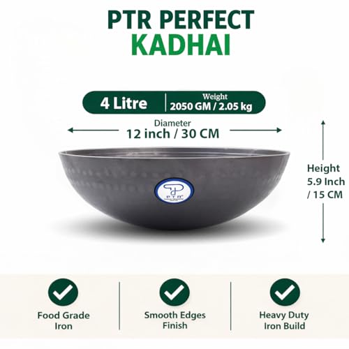 PTR 12 Inch 4 Litre Hammered Iron Kadhai Original Lohe Ki Kadai Handle-Free Deep Frying Pan for Roasting Frying Heavy Base Gas and Induction Compatible Food Grade Iron Smooth Edge - Image 2