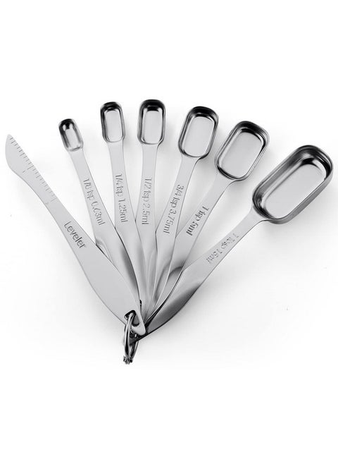 Spring Chef Stainless Steel Measuring Spoons Set of 7 with Leveler, Rectangular Metal Teaspoon & Tablespoon Measuring Spoons for Dry & Liquid Ingredients - Nesting Kitchen Gadgets For Baking & Cooking