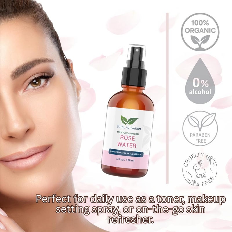 Total Activation Organic Rose Water Spray for Face â€“ 100% Pure Moroccan Rosewater Toner â€“ Natural Hydrating Mist for Skin, Hair & Body â€“ Gentle Makeup Remover for Dry, Oily, and Combination Skin â€“ 4 oz - Image 3