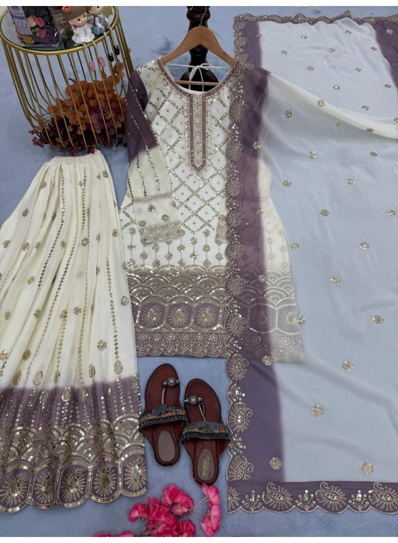 ANAITA بدلة جاهزة من الجورجيت باللونين اللافندر والأبيض مع تطريز وعمل تسلسل - Image 4