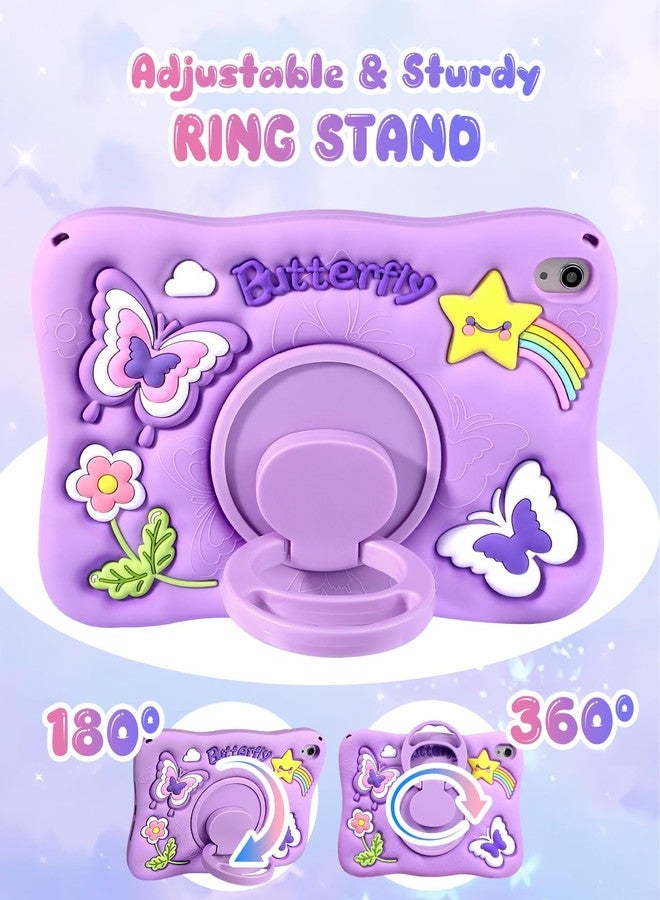 Kidcube for iPad 10th Generation Case 10.9 Inch 2022 - for Girls Cute Kawaii Girly 3D Purple Butterfly Design Cover with Rotating Stand & Strap Unique Silicone Women Teen for iPad Case 10th Generation - Image 4
