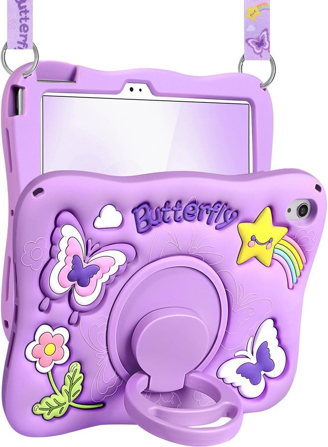 Kidcube for iPad 10th Generation Case 10.9 Inch 2022 - for Girls Cute Kawaii Girly 3D Purple Butterfly Design Cover with Rotating Stand & Strap Unique Silicone Women Teen for iPad Case 10th Generation - Image 1