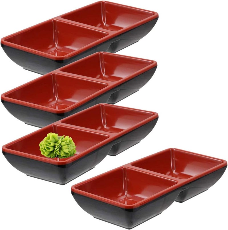 Happy Sales HSMSDDBRB4 Melamine Dual Sauce Bowls Dual Dipping Bowls Dual Sauce Dishes Set of 4 pc Red Black - Image 1