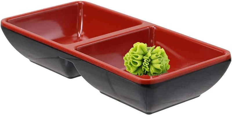 Happy Sales HSMSDDBRB4 Melamine Dual Sauce Bowls Dual Dipping Bowls Dual Sauce Dishes Set of 4 pc Red Black - Image 2