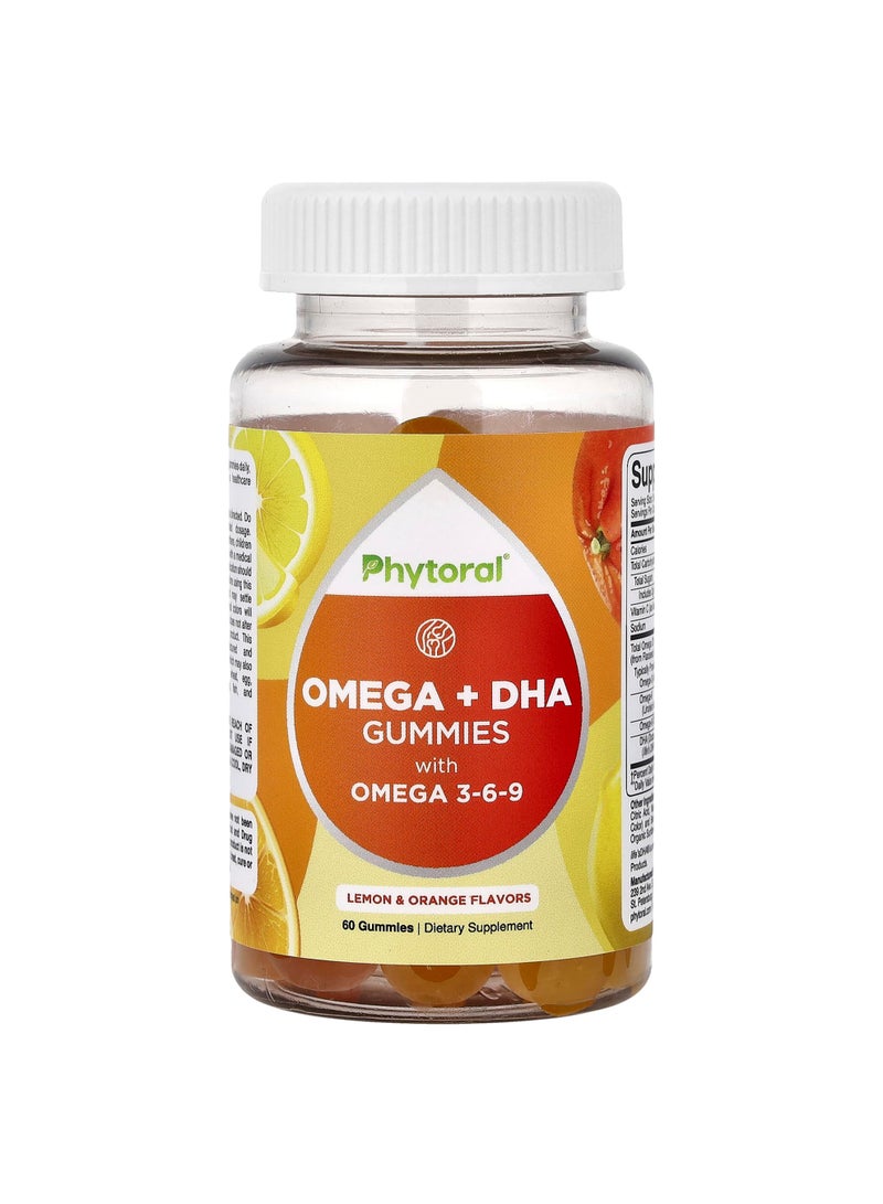 Omega + DHA Gummies with Omega 3-6-9, Lemon & Orange, 60 Gummies