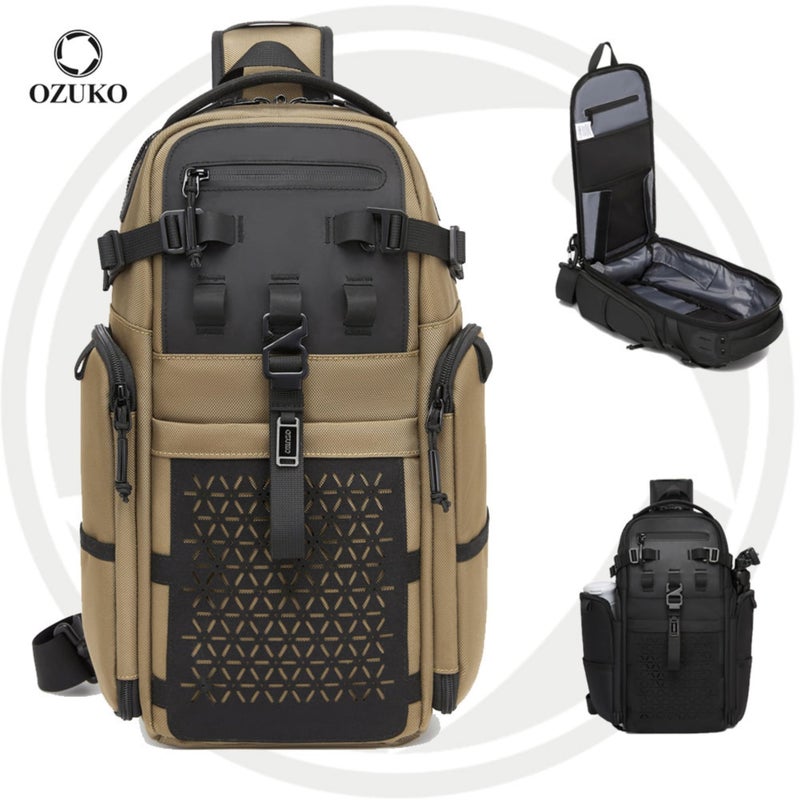 OZUKO Water-Resistant Oxford Tactical Anti-Theft Sling Bag for Men, 40 x 14 x 22 cm, Large Capacity Travel and Outdoor Bag, Brown, 9844 - Image 3
