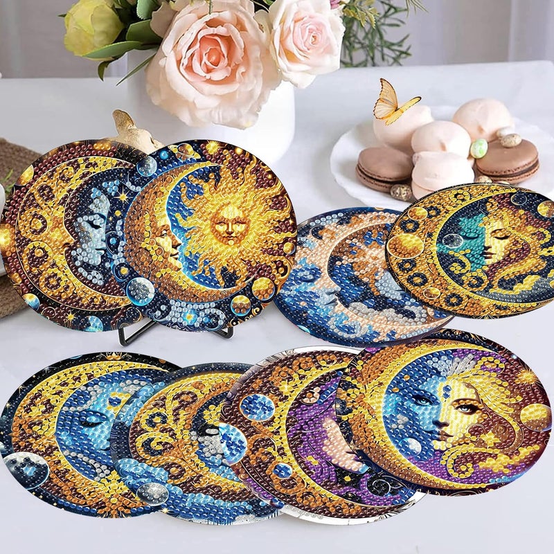mrpwnle 8 Pack Diamond Art Coasters Kits Sun Moon Diamond Painting Coasters Kit Set with Holder Cork Pads, DIY Non Slip Coaster Craft Kits for Adults Beginners Ideal Gifts - Image 3