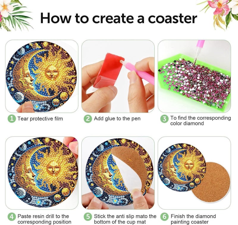 mrpwnle 8 Pack Diamond Art Coasters Kits Sun Moon Diamond Painting Coasters Kit Set with Holder Cork Pads, DIY Non Slip Coaster Craft Kits for Adults Beginners Ideal Gifts - Image 5