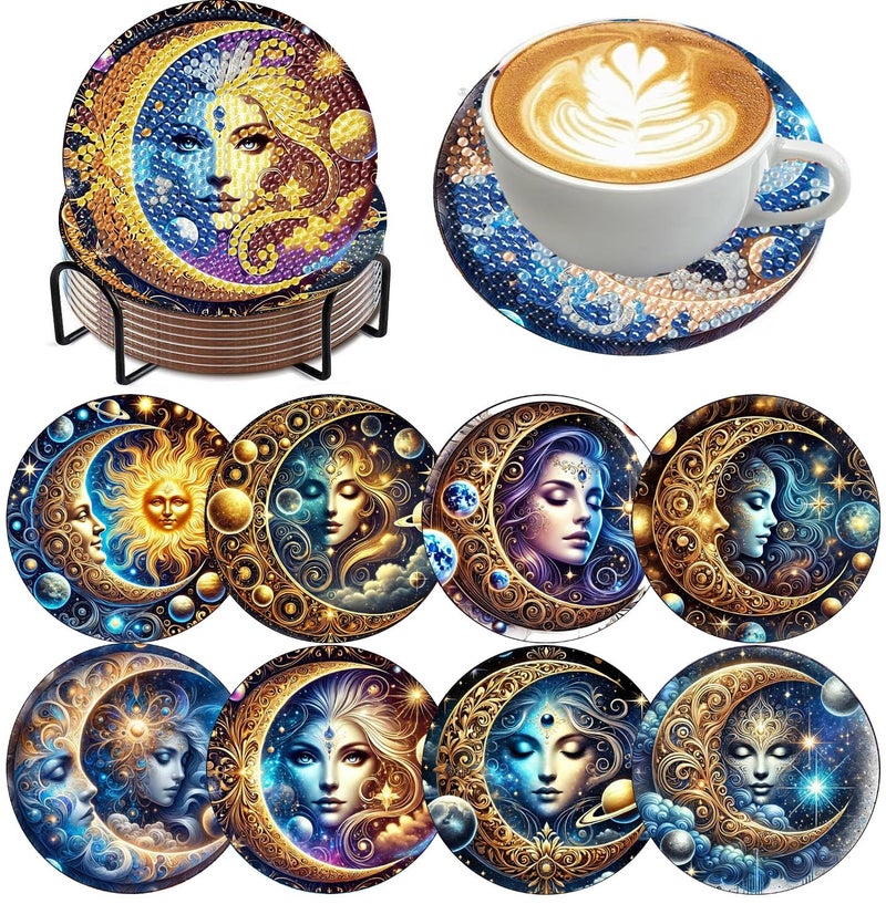 mrpwnle 8 Pack Diamond Art Coasters Kits Sun Moon Diamond Painting Coasters Kit Set with Holder Cork Pads, DIY Non Slip Coaster Craft Kits for Adults Beginners Ideal Gifts - Image 1