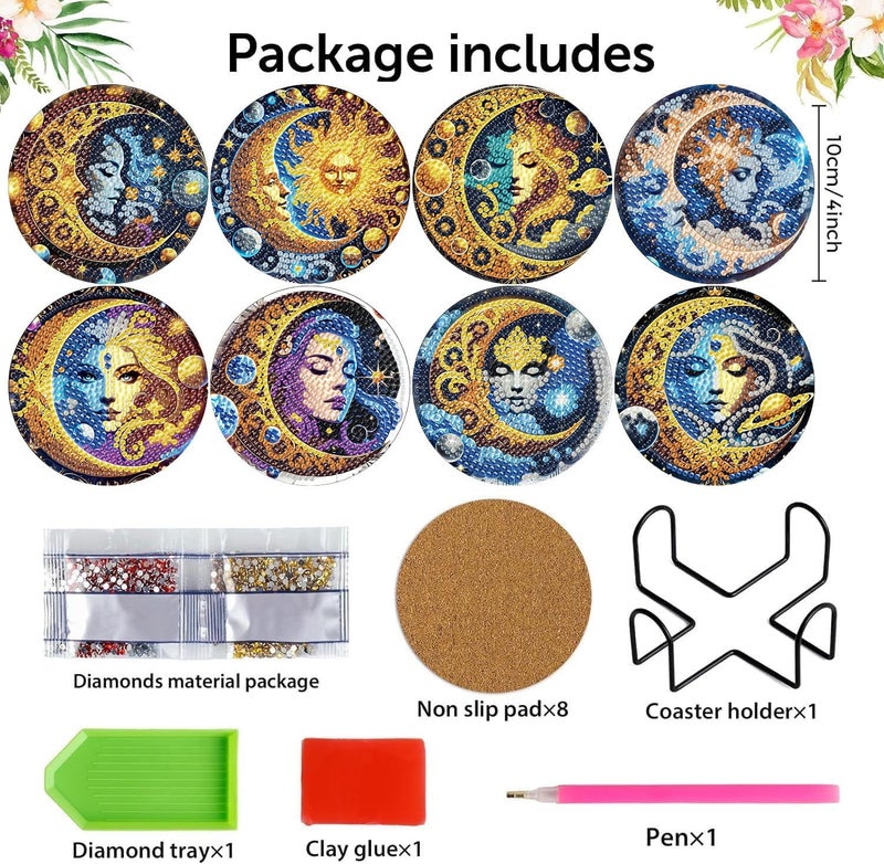 mrpwnle 8 Pack Diamond Art Coasters Kits Sun Moon Diamond Painting Coasters Kit Set with Holder Cork Pads, DIY Non Slip Coaster Craft Kits for Adults Beginners Ideal Gifts - Image 2
