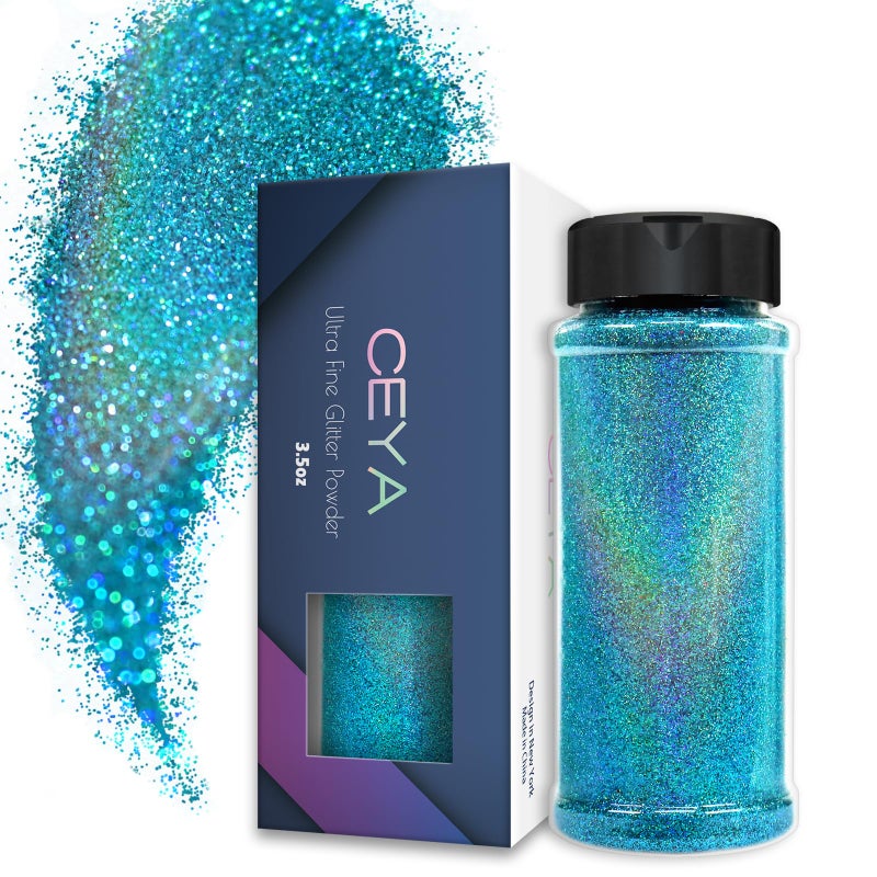 Ceya 38oz 110g Holographic Ultra Fine Glitter Powder Laser Cyan Glitter 1128 0008 02mm for Slime Epoxy Resin Craft Tumbler Jewelry Nail Art Festival Makeup Scrapbook Painting Wedding Cards