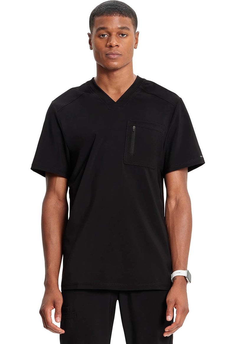 Cherokee Infinity Mens Tuckable V-Neck Scrub Top Modern Fit, 2 Pockets, Zip Chest Pocket, Rib-Knit, 360Â° Stretch - CK910A, L, Black