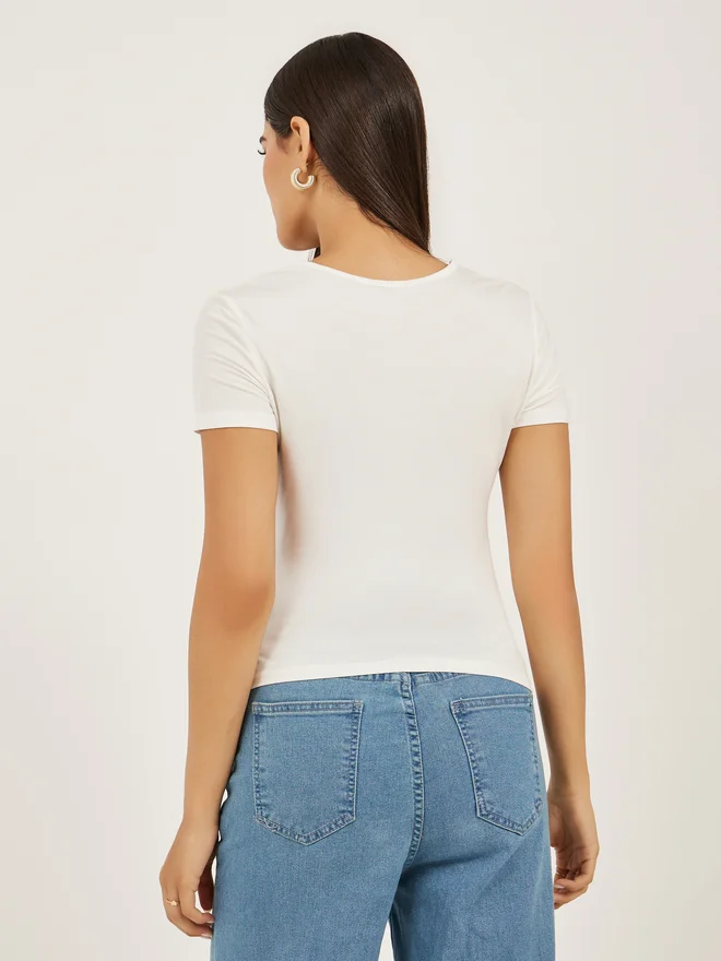 Styli Styli Solid Square Neck Fitted Short Sleeve T-Shirt
