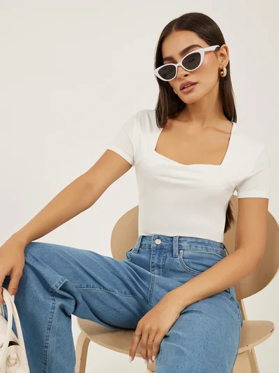 Styli Solid Square Neck Fitted Short Sleeve T-Shirt