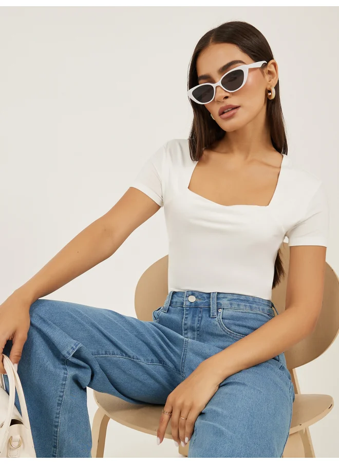 Styli Styli Solid Square Neck Fitted Short Sleeve T-Shirt