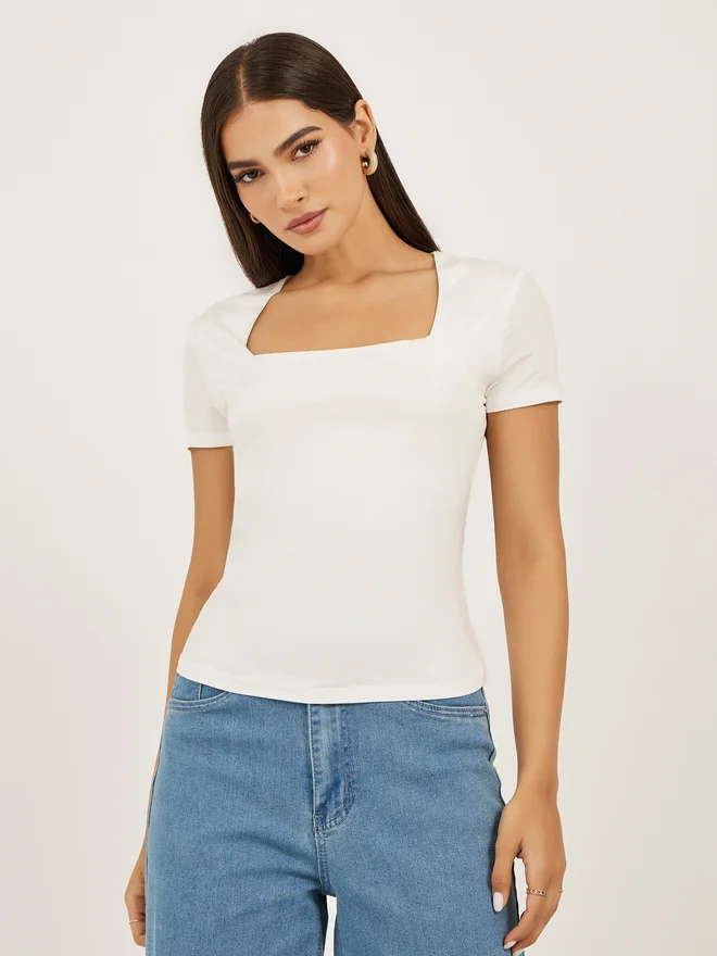 Styli Styli Solid Square Neck Fitted Short Sleeve T-Shirt