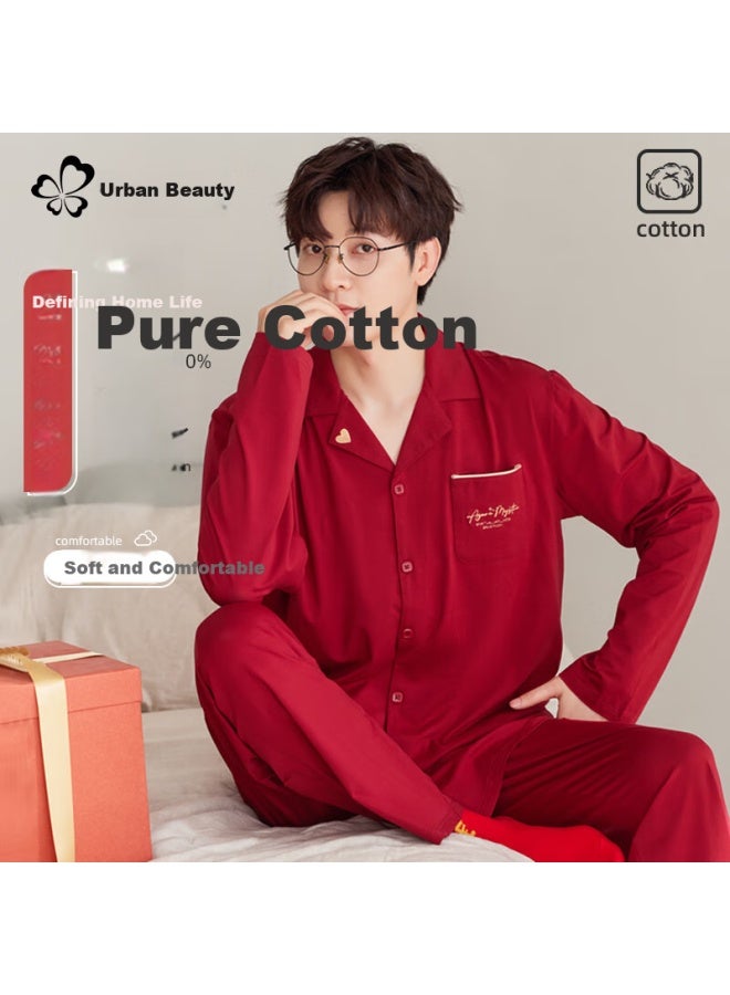 Dushiliren Men's And Women's Sleepwear, Zodiac Year Set, Wedding Pure Cotton Comfortable Breathable Long-sleeve Pants Loungewear, Bright Red, 2XL