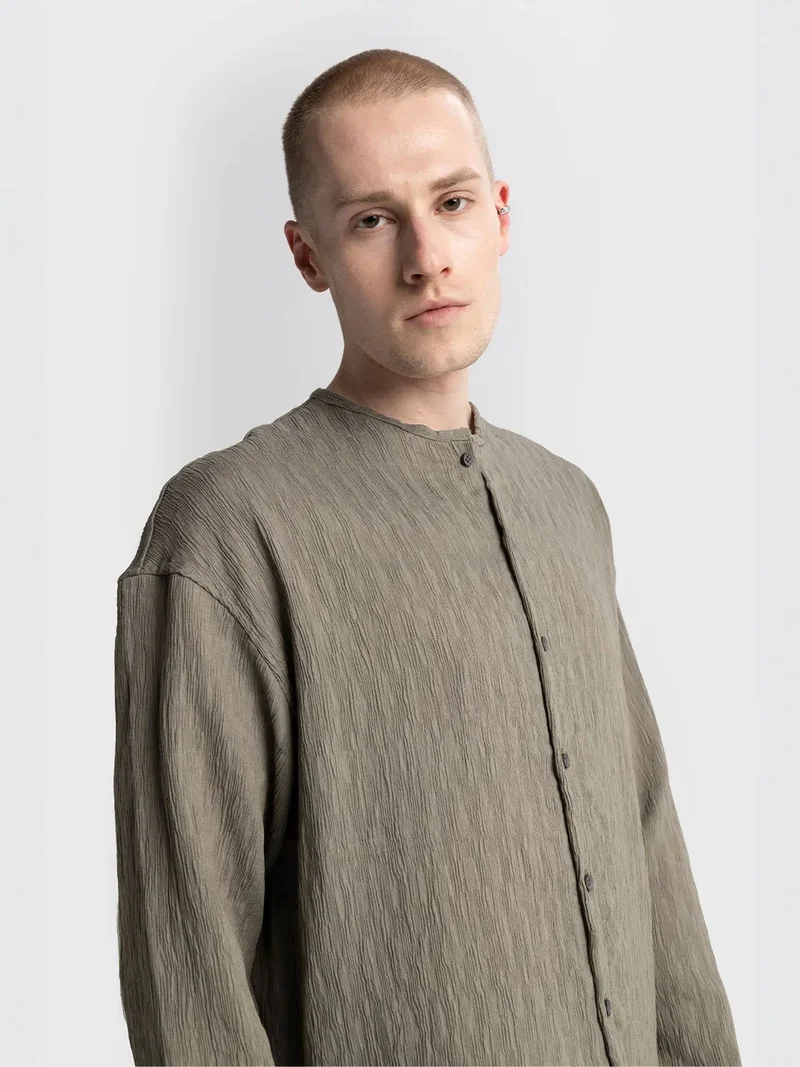 Giesto Khaki Green GIESTO Textured Long Sleeve Crew Neck Shirt for Men | Best Price UAE