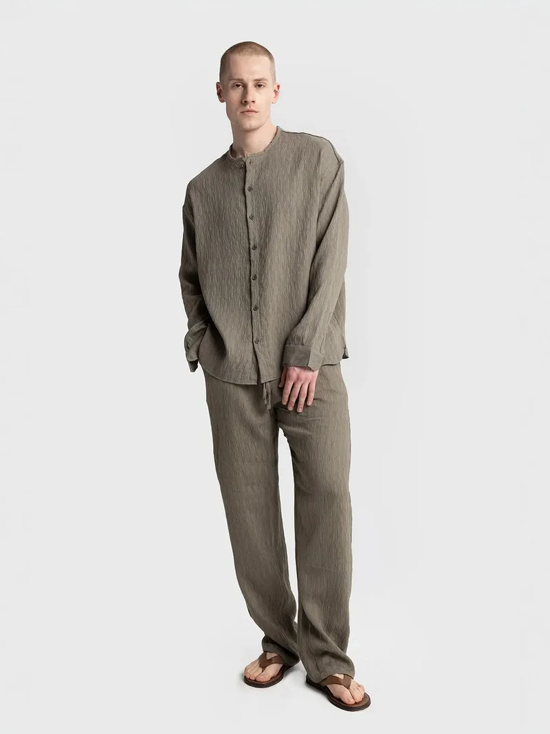 Giesto Khaki Green GIESTO Textured Long Sleeve Crew Neck Shirt for Men | Best Price UAE