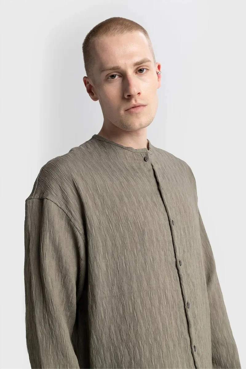 Giesto Khaki Green GIESTO Textured Long Sleeve Crew Neck Shirt for Men | Best Price UAE