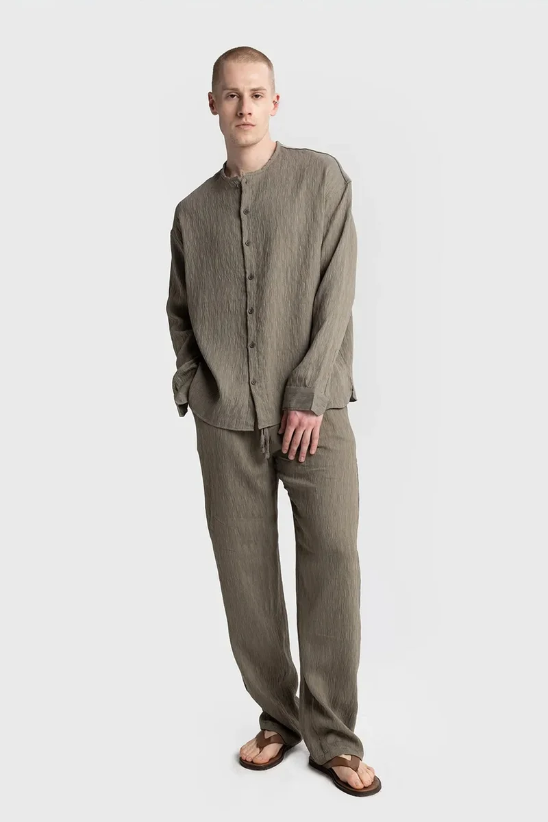 Giesto Khaki Green GIESTO Textured Long Sleeve Crew Neck Shirt for Men | Best Price UAE