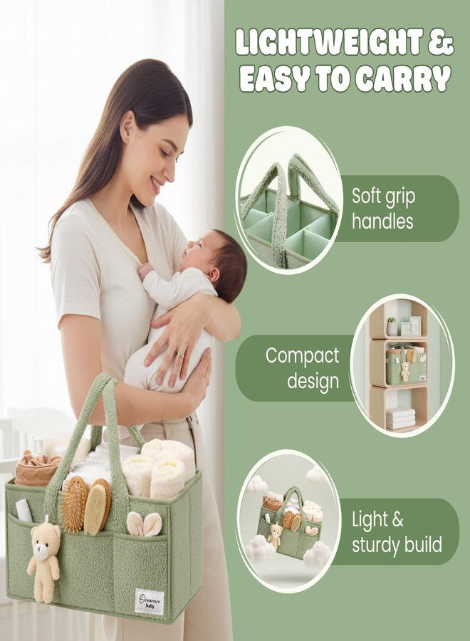 OCEANEVO Cute Fur Diaper Caddy Organizer Bag WITH Luggage Tag AND Bear Charm, Baby Basket Essentials for Newborn Baby Products Storage with Compartments and Handle - 38 x 25 x 18 cm - Model 3 – Green - Image 4