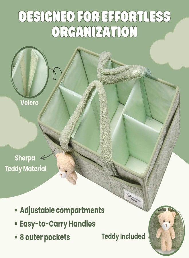 OCEANEVO Cute Fur Diaper Caddy Organizer Bag WITH Luggage Tag AND Bear Charm, Baby Basket Essentials for Newborn Baby Products Storage with Compartments and Handle - 38 x 25 x 18 cm - Model 3 – Green - Image 3