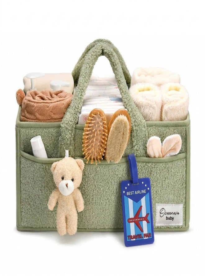OCEANEVO Cute Fur Diaper Caddy Organizer Bag WITH Luggage Tag AND Bear Charm, Baby Basket Essentials for Newborn Baby Products Storage with Compartments and Handle - 38 x 25 x 18 cm - Model 3 – Green - Image 1