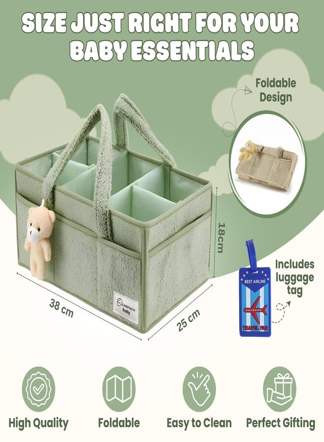 OCEANEVO Cute Fur Diaper Caddy Organizer Bag WITH Luggage Tag AND Bear Charm, Baby Basket Essentials for Newborn Baby Products Storage with Compartments and Handle - 38 x 25 x 18 cm - Model 3 – Green - Image 2