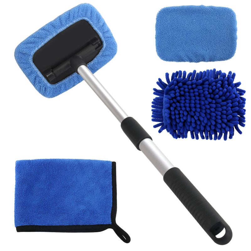 5 PCS Windshield Cleaning Tools 18 inch Microfiber Car Window Cleaning Tool with Extendable Handle Auto Interior Exterior Glass Wiper Car Glass Cleaner Kit with Microfiber Bonnet Pads and Cloth
