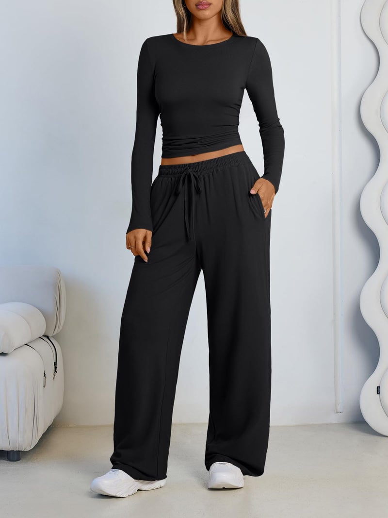 LILLUSORY Lounge Sets for Women Two 2 Piece matching Loungewear Sets Women Winter Clothing 2026 Fall Fashion Travel Airport Outfits Sweatsuits Casual Cute Clothes Black L - Image 2