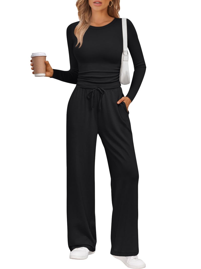 LILLUSORY Lounge Sets for Women Two 2 Piece matching Loungewear Sets Women Winter Clothing 2026 Fall Fashion Travel Airport Outfits Sweatsuits Casual Cute Clothes Black L - Image 1