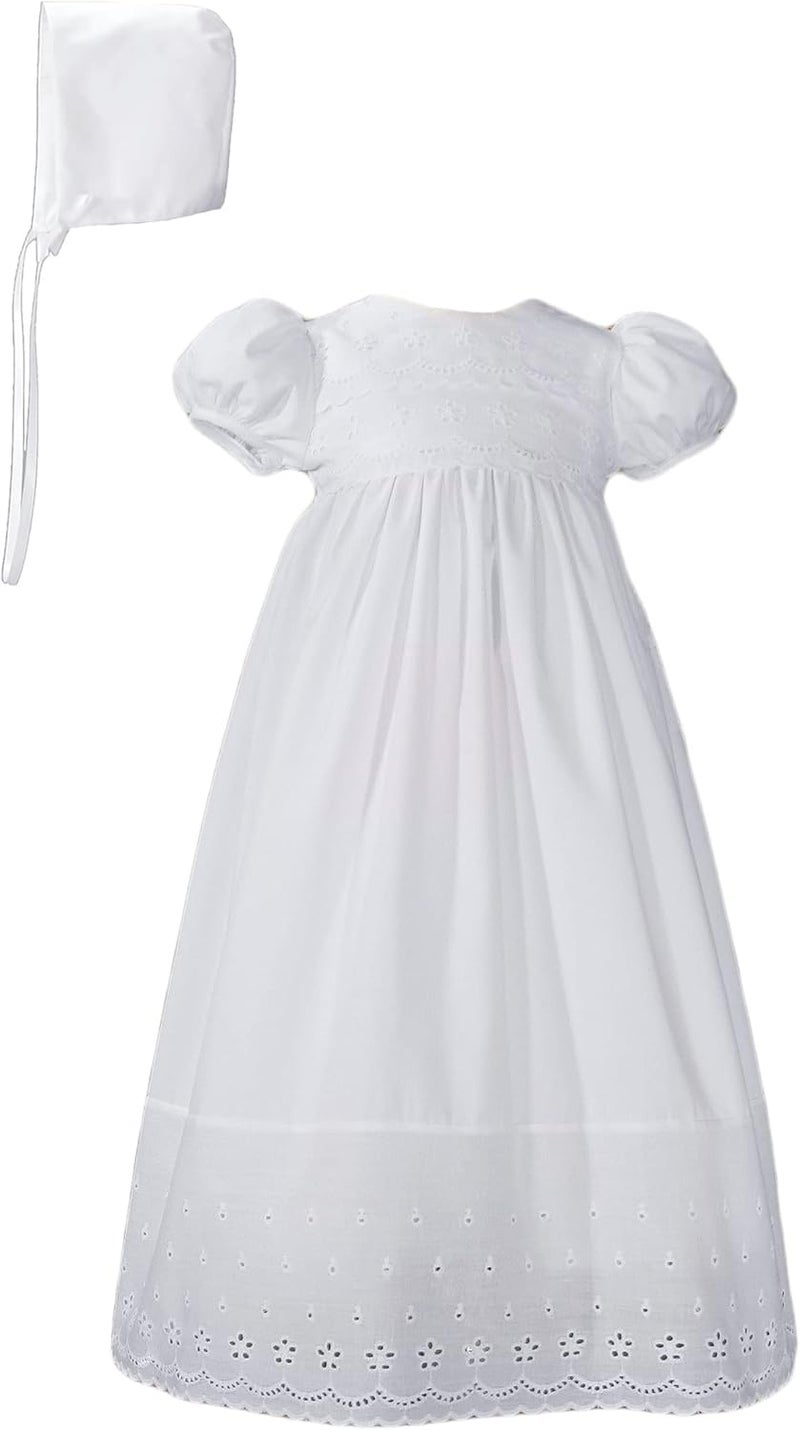 Little Things Mean A Lot White Cotton Christening Baptism Gown with Lace Border with Bonnet - Image 1