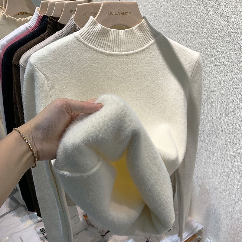Womens half turtleneck long-sleeved sweater 2024 autumn and winter New undershirt fleece-lined thick warm western style topWarm natural heating-apricot Warm natural heating-apricot