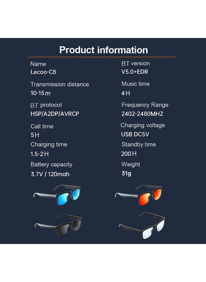 lecoo - LECOO C8 Smart Wireless BT Glasses Headset black - Image 1