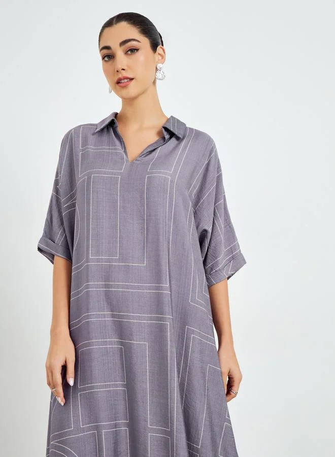 Amirah Purple Printed Collared A-Line Jalabiya