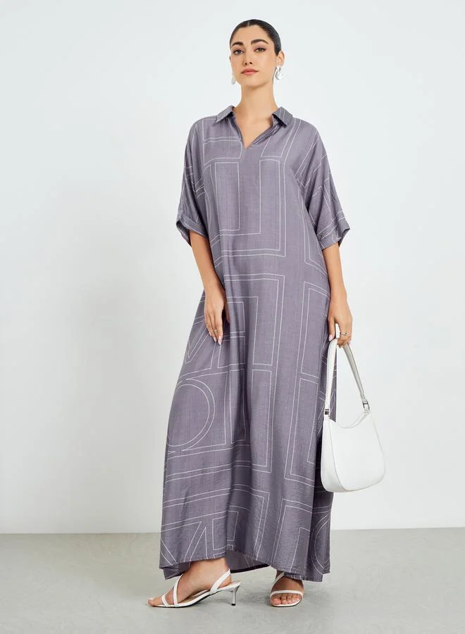 Amirah  Purple Printed Collared A-Line Jalabiya for Women | Best Price UAE