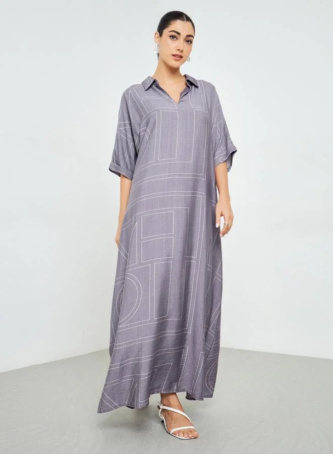 Amirah Purple Printed Collared A-Line Jalabiya